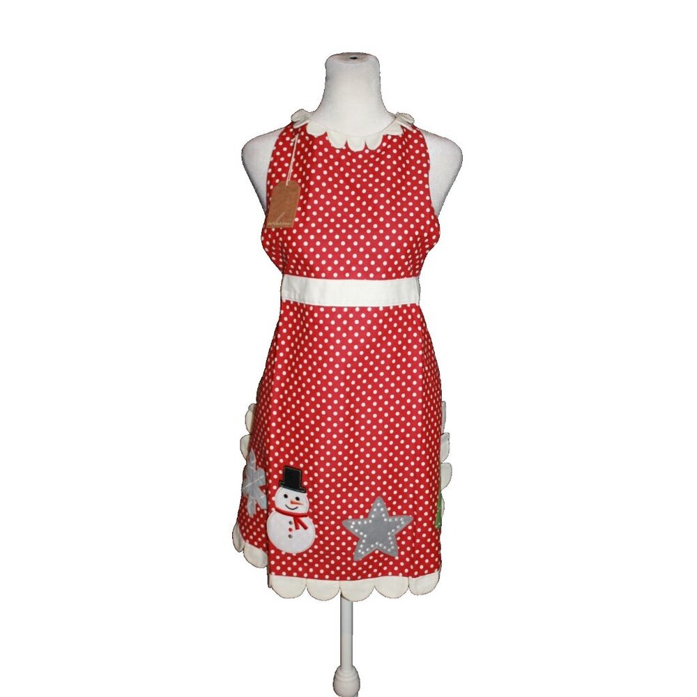 Whim Red & White Embroidered Snowman Holiday Apron Adjustable Neck & Waist NEW